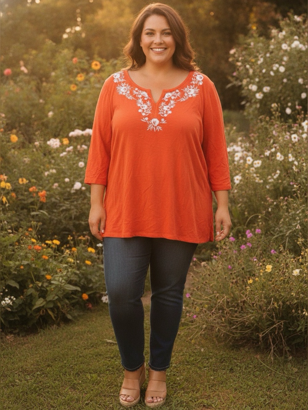 Talbots Woman Plus Size 3X Orange Red Embroidered Split V-Neck Cotton Tunic Top